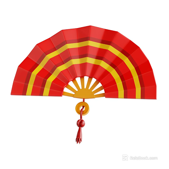 Red And Yellow Striped Fan Decorative Ornament Set With Yellow Ring And Red Tassel 3d model 