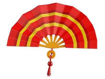 Red And Yellow Striped Fan Decorative Ornament Set With Yellow Ring And Red Tassel 3d model