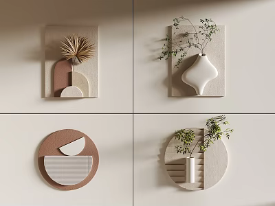Contemporary Wall Decor Featuring Geometric Shapes Potted Plants And Neutral Fabric Textures 3d model