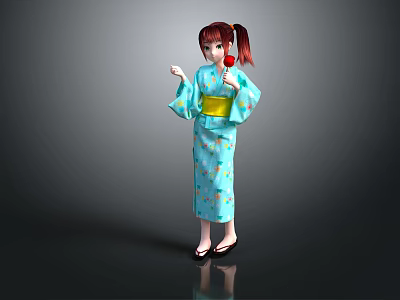 Red Haired Girl In Blue Kimono Holding Red Apple With Yellow Obi And Gray Background 3d model