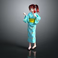 Red Haired Girl In Blue Kimono Holding Red Apple With Yellow Obi And Gray Background