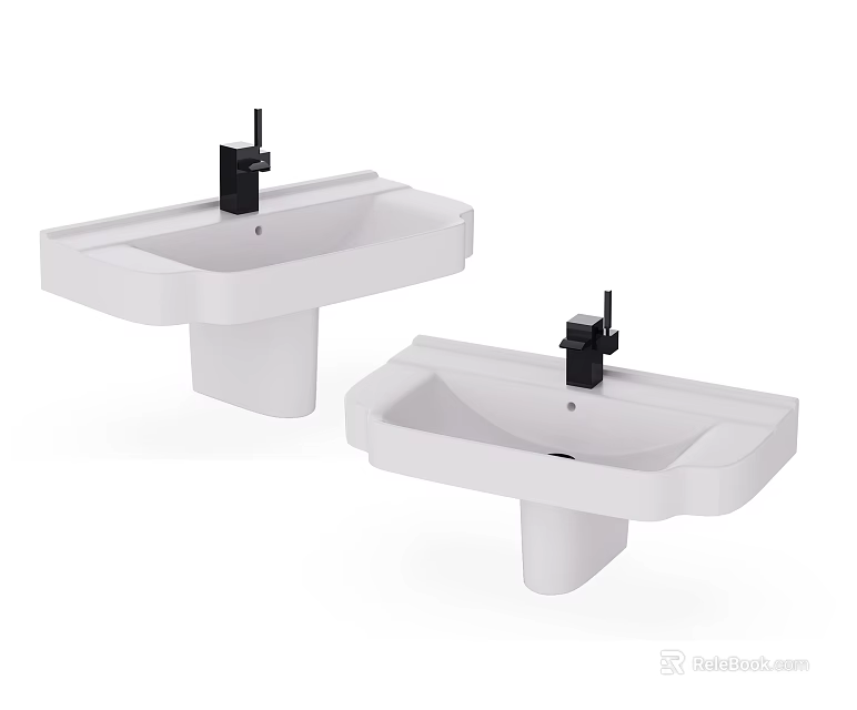 Two White Wall Mounted Washbasins With Black Faucets And Pedestal Bases 3d model 