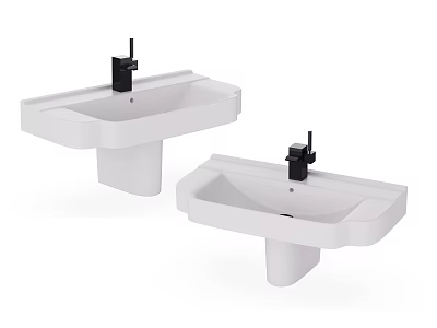 Two White Wall Mounted Washbasins With Black Faucets And Pedestal Bases 3d model