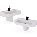 Two White Wall Mounted Washbasins With Black Faucets And Pedestal Bases