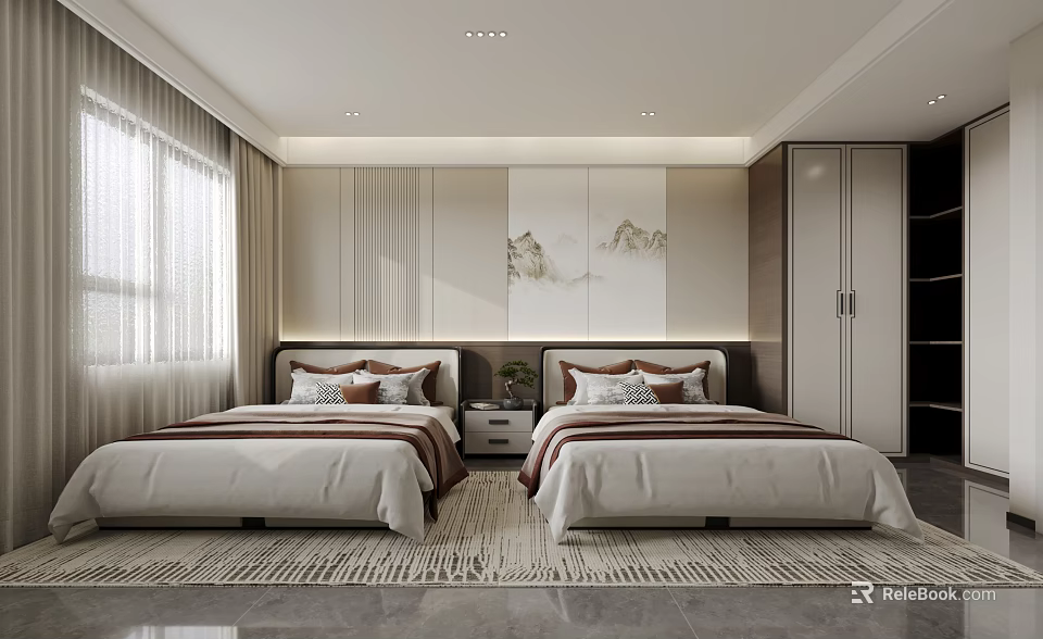Modern Bedroom Interior Design With Two Double Beds Decorative Painting Window Curtains And Area Rug 3d model 