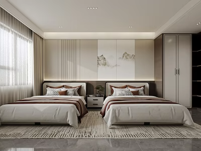 Modern Bedroom Interior Design With Two Double Beds Decorative Painting Window Curtains And Area Rug 3d model