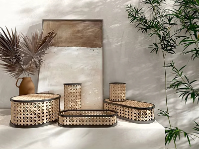 Decorative Ornament Set Rattan Baskets Round Oval Shapes Palm Leaves Bamboo Plant White Shelf 3d model