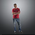 Young Man In Red T-Shirt And Blue Jeans Standing With Arms Crossed On Gray Background