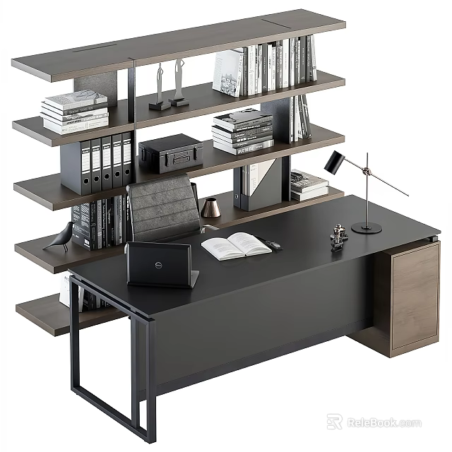 Modern Black Office Desk With Laptop Open Book Desk Lamp And Bookshelf With Books Folders 3d model 