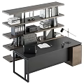 Modern Black Office Desk With Laptop Open Book Desk Lamp And Bookshelf With Books Folders