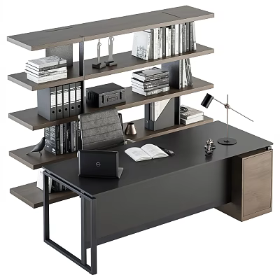 Modern Black Office Desk With Laptop Open Book Desk Lamp And Bookshelf With Books Folders 3d model