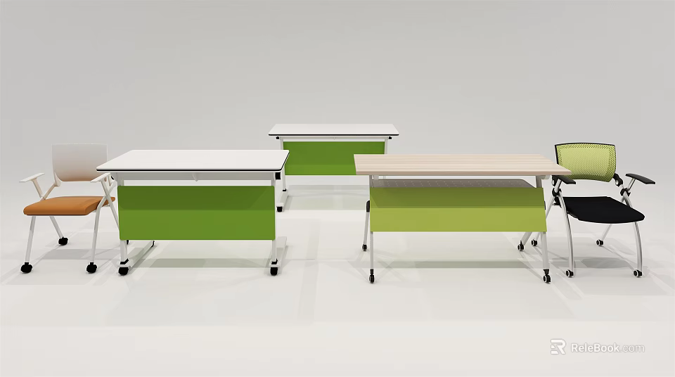 Modern Office Desks With White And Green Tops And Mobile Wheels 3d model 