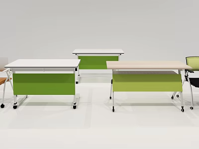 Modern Office Desks With White And Green Tops And Mobile Wheels 3d model