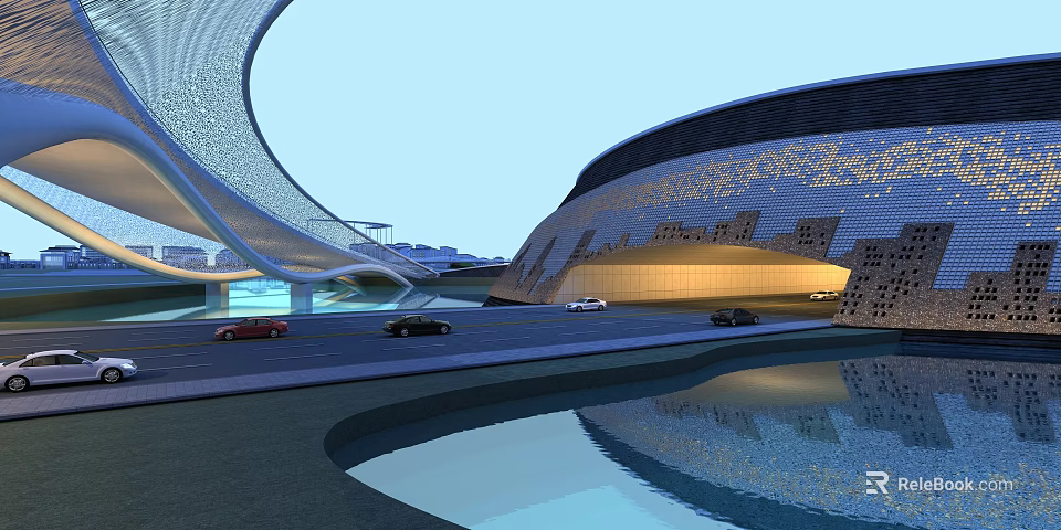 Modern Road Facilities With Curved Architectural Structures Vehicles Driving Near Water Pool And Reflections 3d model 