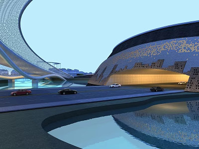 Modern Road Facilities With Curved Architectural Structures Vehicles Driving Near Water Pool And Reflections 3d model