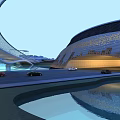 Modern Road Facilities With Curved Architectural Structures Vehicles Driving Near Water Pool And Reflections