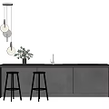 Sleek Dark Modern Bar Counter With Black Stools Pendant Lights And Flower Decorations