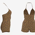 Trendy Leopard Print Short Jumpsuit With Spaghetti Straps And Deep V Neck Design