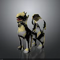 Detailed Gray And Yellow Mythical Creature With Mane Flame Tail Standing Sculpture