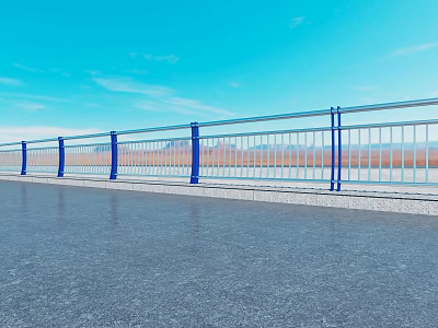 Blue Metal Railing Installed On Grey Pavement With Blue Sky And Distant Orange Landscape 3d model