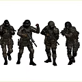 Four Individuals in Tactical Military Gear Holding Firearms During Action Movement