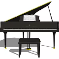 Black Grand Piano Musical Instrument with Bench and Sheet Music in Elegant Classic Design