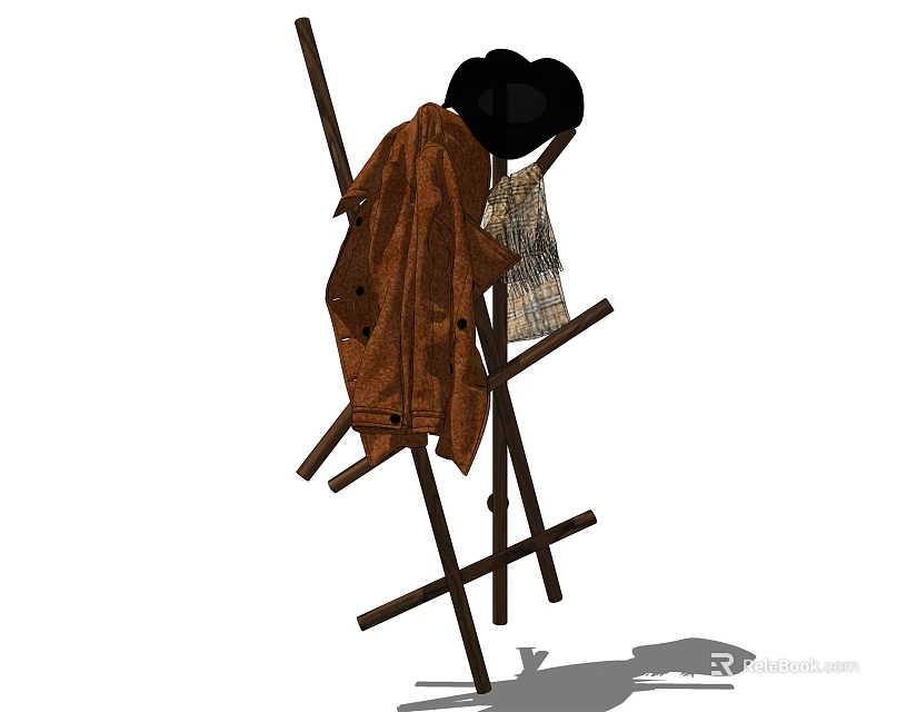 Wooden Standing Coat Hanger Holding Brown Jacket Black Hat and Plaid Cloth 3d model 
