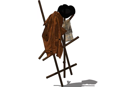 Wooden Standing Coat Hanger Holding Brown Jacket Black Hat and Plaid Cloth 3d model