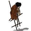 Wooden Standing Coat Hanger Holding Brown Jacket Black Hat and Plaid Cloth