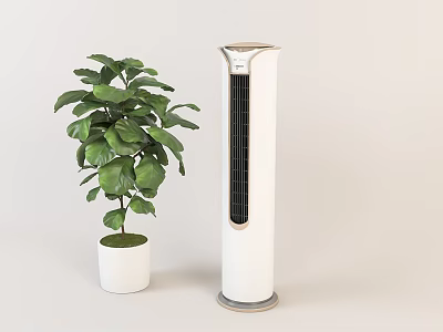 Tower Air Cooler Fan With White Design And Green Plant In White Pot 3d model