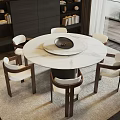 Modern Round Dining Table Set With White Tabletop And Six White Brown Chairs 3d model
