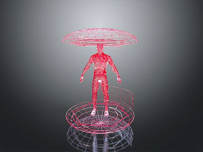 Red Wireframe Humanoid Character With Overhead Umbrella Structure And Circular Platform 3d model