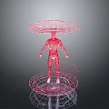 Red Wireframe Humanoid Character With Overhead Umbrella Structure And Circular Platform 3d model