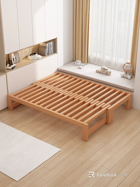 Simple Tatami Bedroom Interior With Wooden Frame Window Sill Decorations And Storage Cabinets 3d model 