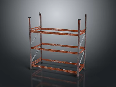 Vintage Red Metal Rack With Multiple Shelves And Reflective Surface On Gray Background 3d model