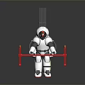 White Robot With Astronaut Design Standing And Red Tools On Reflective Surface