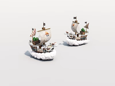 Decorative Sailboat Models With Flags Tree Decorations And Cloud Shaped Bases 3d model