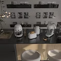 Modern Kitchen With Black Countertop White Appliances Sink Black Shelves Plant And Beige Stools