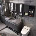 Modern Bathroom Vanity With Gray Countertop Cabinet Sink Backlit Mirror And Toiletries