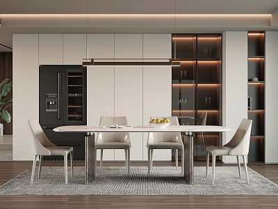 Modern Dining Room With Round Table Beige Chairs Pendant Light And Open Cabinets 3d model