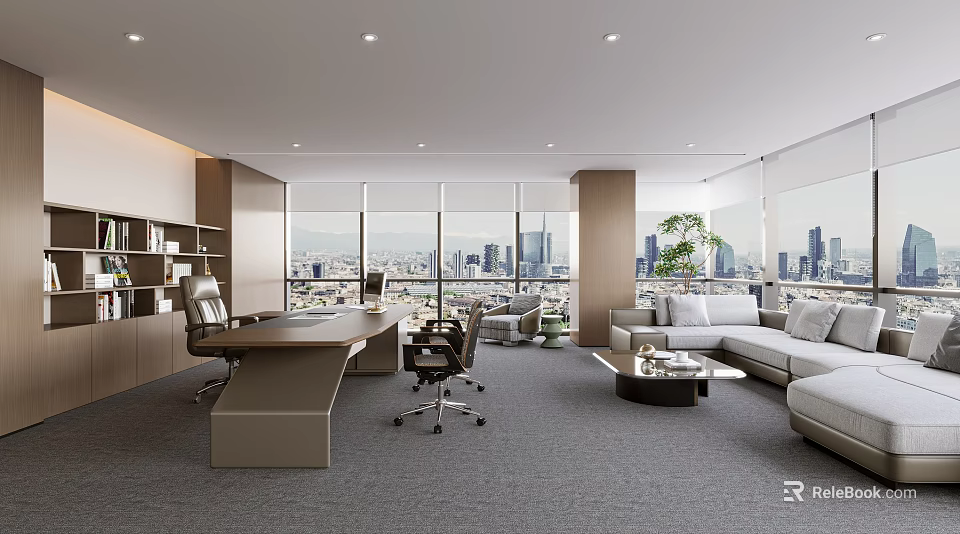 Modern Office Interior With Large Windows City View Desk Sofa And Plants 3d model