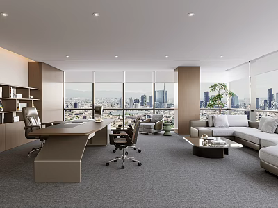 Modern Office Interior With Large Windows City View Desk Sofa And Plants 3d model