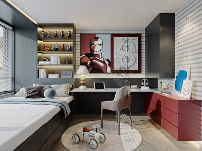 Cozy Tatami Bedroom Interior Design With Desk Chair Red Cabinet Wall Art And Bookshelf 3d model