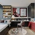 Cozy Tatami Bedroom Interior Design With Desk Chair Red Cabinet Wall Art And Bookshelf