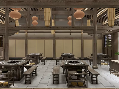 Traditional Chinese Hotpot Restaurant Interior With Wooden Structure Hanging Lanterns Wooden Benches And Hotpot Tables 3d model