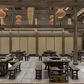 Traditional Chinese Hotpot Restaurant Interior With Wooden Structure Hanging Lanterns Wooden Benches And Hotpot Tables
