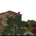 Detached Villa Featuring Red Roof Yellow Exterior Lush Green Garden Pond And Driveway
