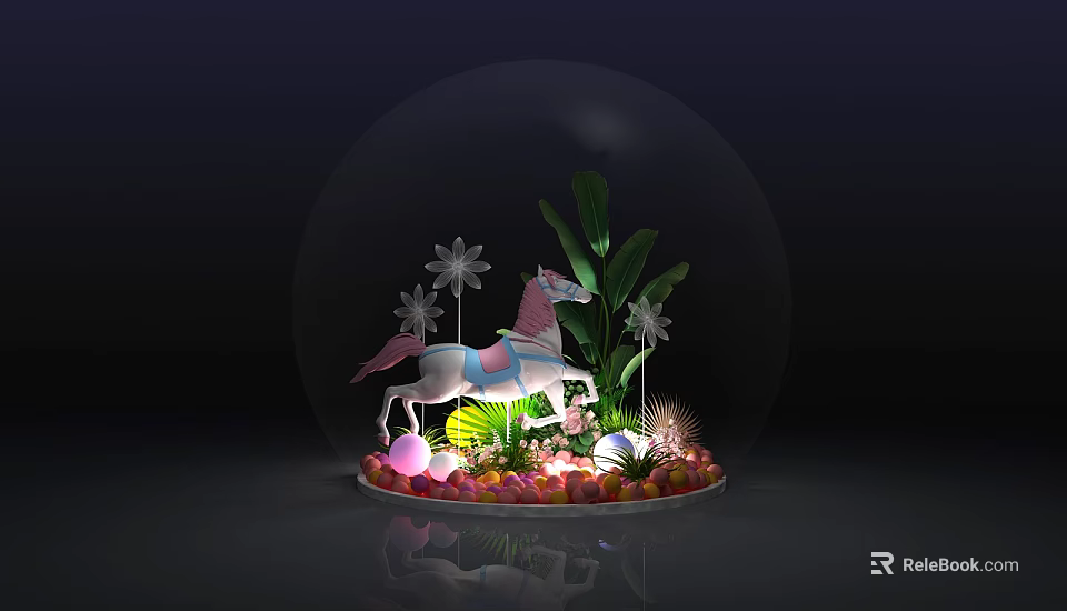 Floral Installation In Glass Globe With Unicorn Green Plants Flowers And Colorful Lights 3d model 