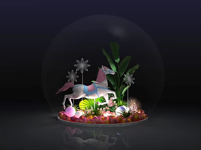 Floral Installation In Glass Globe With Unicorn Green Plants Flowers And Colorful Lights 3d model