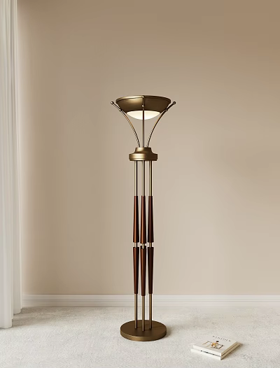 Elegant Modern Floor Lamp With Slender Wooden Poles And Golden Brass Shade 3d model